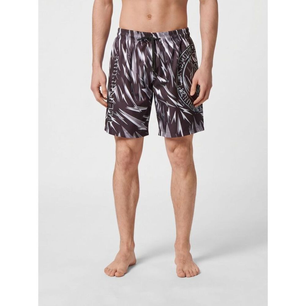 Plein Sport Polyester Swim Shorts With Graphic Print And Contrasting Logo